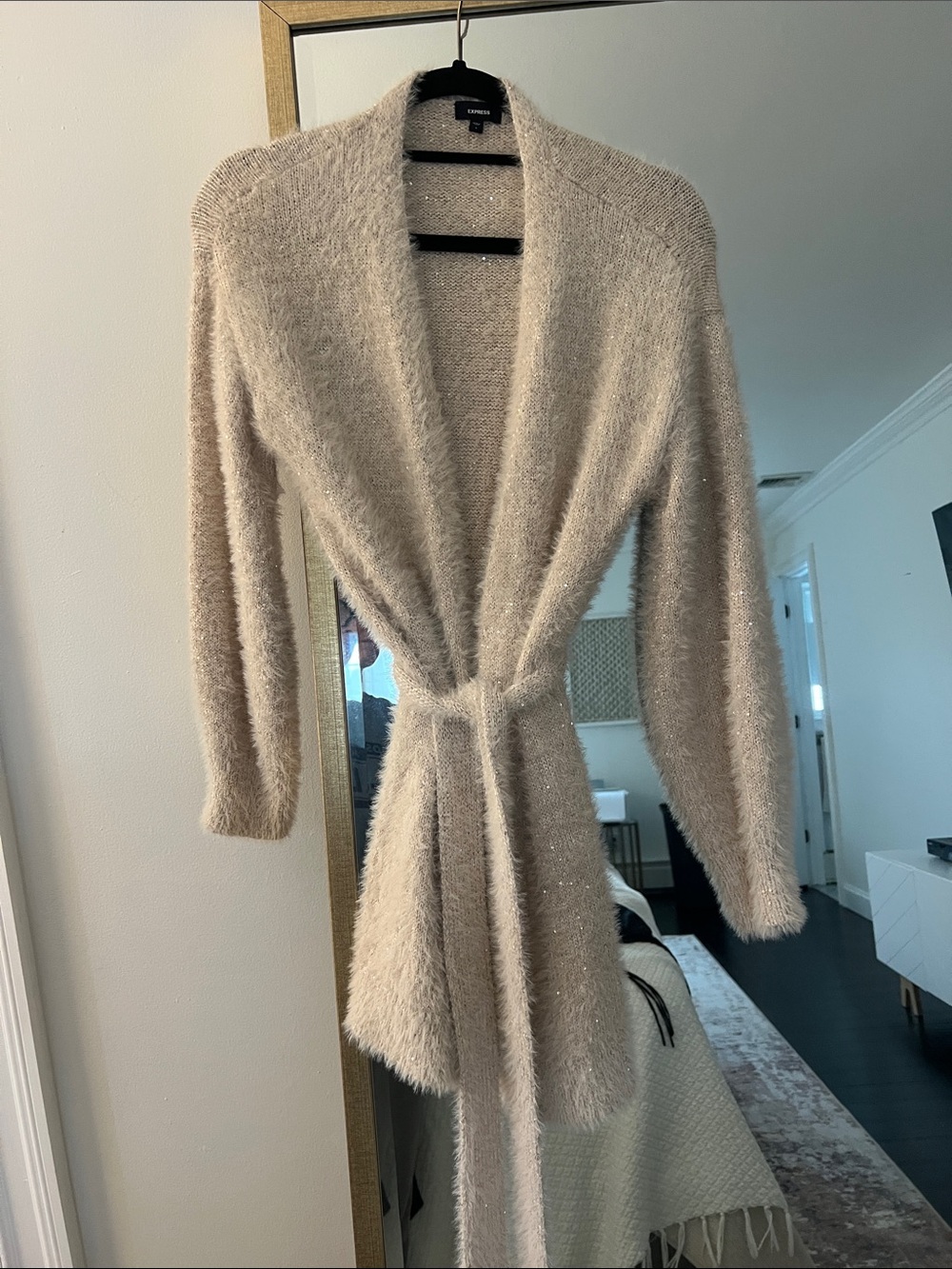 Express Cream Fuzzy Belted Cardigan